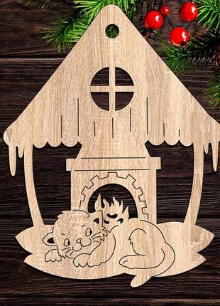 Дерев'яна новорічна ялинкова іграшка "будиночок з кішкою" прикраса на ялинку фігурка з бежевого лдвп 9 см1 фото