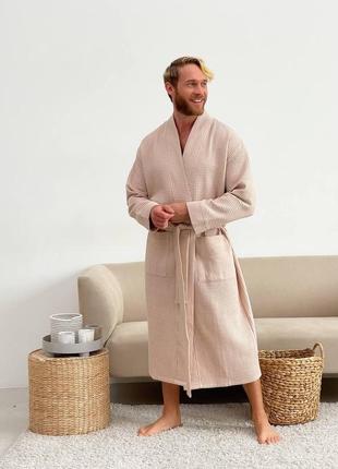 Мужской вафельный  натуральный халат для дома и ванны, мужской халат для бани