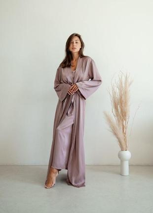 Стильний жіночий довгий пеньюар колір кремовий модний халат кімоно anetta максі довжини на запах для ранку нареченої1 фото