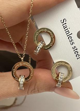 Женский комплект серьги и подвеска картье из медицинского золота stainless steel, позолоченный