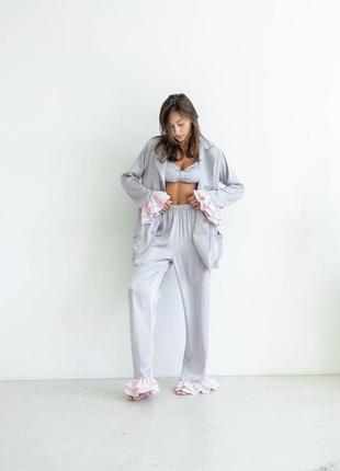 Пижама для дома ткань шелк армани цвет серый женский домашний пижамный костюм volan тройка бра рубашка штаны6 фото