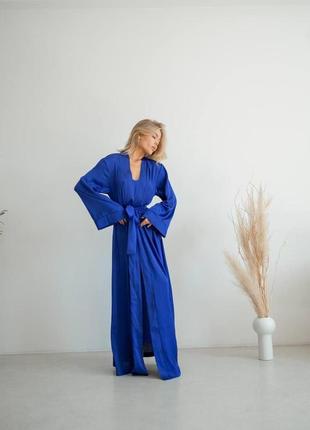 Шовковий жіночий розкішний довгий халат anetta з поясом колір електролектрик домашній пеньюар тканина шовк армані