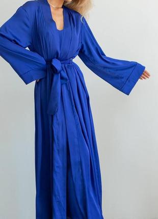 Шелковый женский роскошный длинный халат anetta с поясом цвет електрик домашний пеньюар ткань шелк армани6 фото