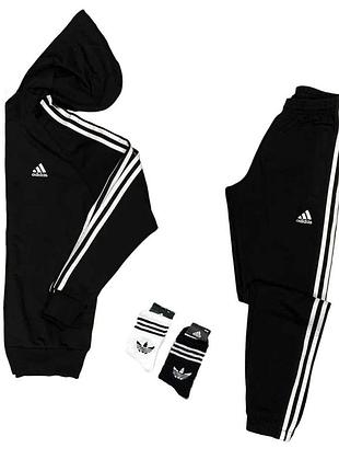 Чоловічий спортивний костюм adidas чорний з капюшоном (+ подарунок шкарпетки)