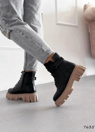 Стильные черные зимние ботинки женские на высокой подошве, кожаные/кожа-женская обувь на зиму5 фото