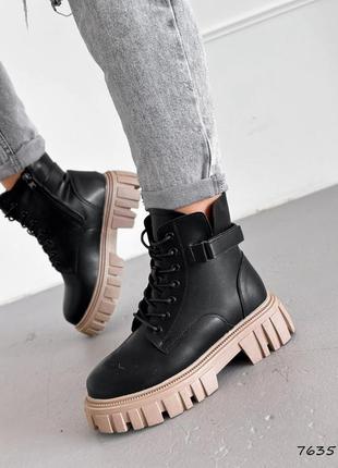 Стильные черные зимние ботинки женские на высокой подошве, кожаные/кожа-женская обувь на зиму7 фото