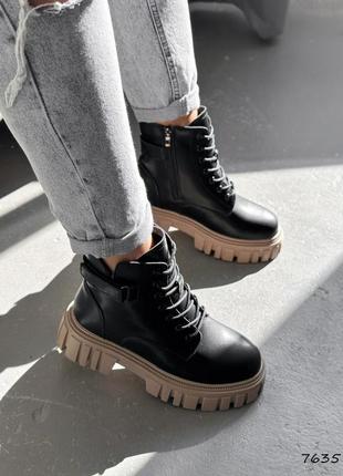 Стильные черные зимние ботинки женские на высокой подошве, кожаные/кожа-женская обувь на зиму9 фото