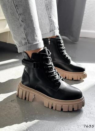 Стильные черные зимние ботинки женские на высокой подошве, кожаные/кожа-женская обувь на зиму