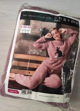 Женская махровая (мех тедди) пижама кошка charme турция, розовый5 фото