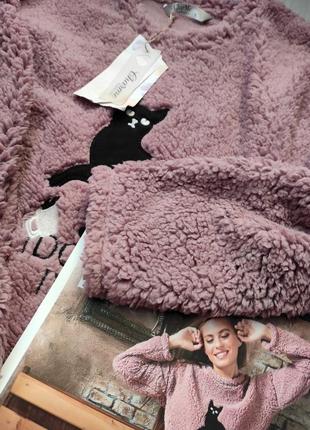 Женская махровая (мех тедди) пижама кошка charme турция, розовый4 фото
