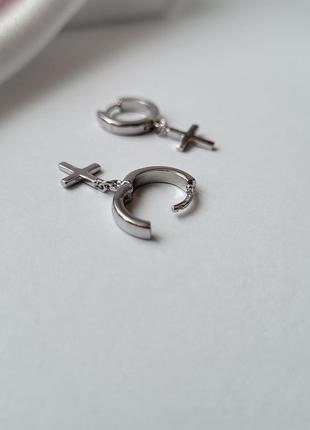 Серебряные сережки серьги кольцо с подвеской крест без камней родированное серебро 925 пробы 5116р 2.80г3 фото
