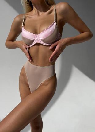 Комплект нижнего женского белья, розовый прозрачный бюстгальтер на косточках и трусики стринги