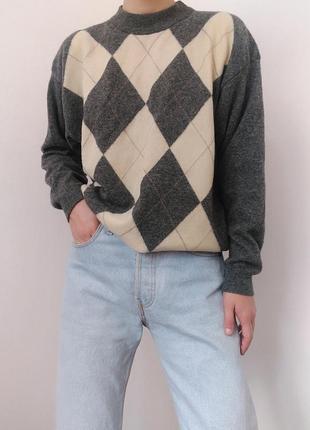 Шерстяной свитер ромбы серый джемпер шерсть пуловер реглан лонгслив кофта винтажный свитер шерсть4 фото