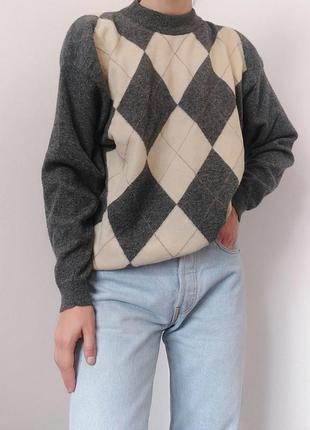 Шерстяной свитер ромбы серый джемпер шерсть пуловер реглан лонгслив кофта винтажный свитер шерсть6 фото