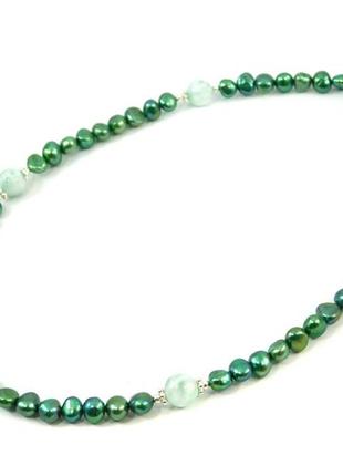 Ексклюзивне намисто "ніана" перли зелені, ангеліт, срібло