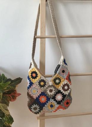 Сумка модная, хиппи бохо стиль, мотив бабушкин квадрат, ручная работа, хлопковый шнур, пэчворк