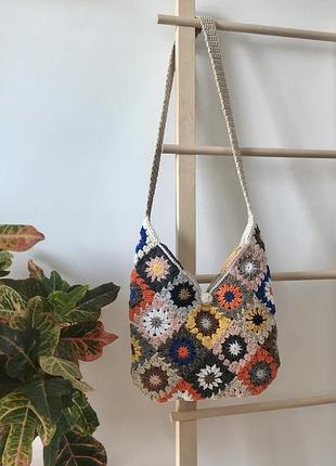 Сумка модная, хиппи бохо стиль, мотив бабушкин квадрат, ручная работа, хлопковый шнур, пэчворк