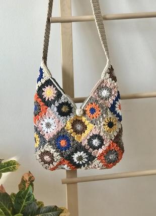 Сумка модная, хиппи бохо стиль, мотив бабушкин квадрат, ручная работа, хлопковый шнур, пэчворк