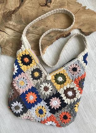 Сумка модная, хиппи бохо стиль, мотив бабушкин квадрат, ручная работа, хлопковый шнур, пэчворк