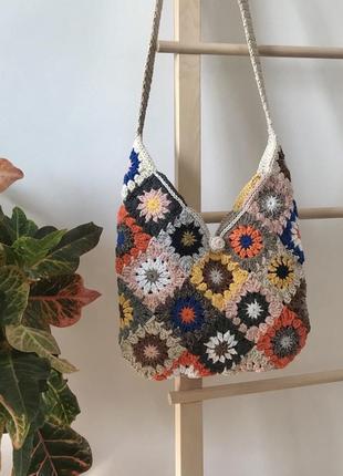 Сумка модная, хиппи бохо стиль, мотив бабушкин квадрат, ручная работа, хлопковый шнур, пэчворк