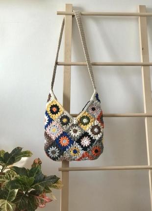 Сумка модная, хиппи бохо стиль, мотив бабушкин квадрат, ручная работа, хлопковый шнур, пэчворк