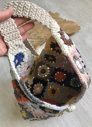 Сумка модная, хиппи бохо стиль, мотив бабушкин квадрат, ручная работа, хлопковый шнур, пэчворк