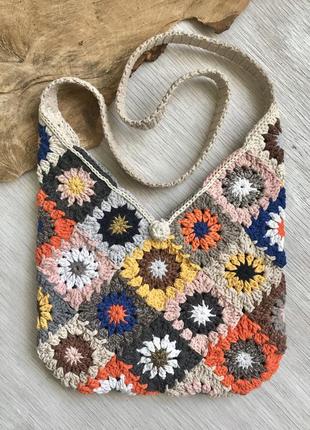 Сумка модная, хиппи бохо стиль, мотив бабушкин квадрат, ручная работа, хлопковый шнур, пэчворк