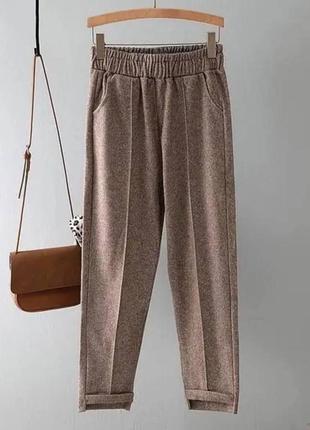 Теплые шерстяные брюки с карманами кашемировые твидовые с высокой посадкой на резинке с карманами строчкой прямого кроя
