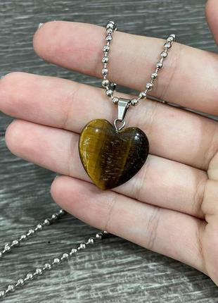 Натуральный камень "золотистый тигровый глаз сердечко" кулон на цепочке - оригинальный подарок девушке