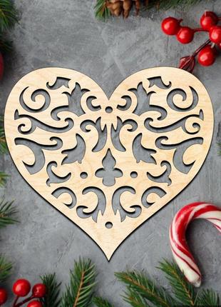 Деревянная новогодняя елочная игрушка "сердце резное" украшение на ёлку фигурка из фанеры 9 см1 фото