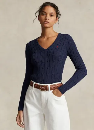 Стильний бавовняний светр polo ralph lauren cable-knit blue cotton v-neck sweater women's