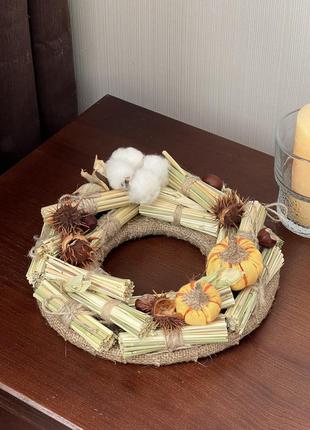 Осенний декор венчик на стол под свечу с тыквами и хлопком венок осень подарок