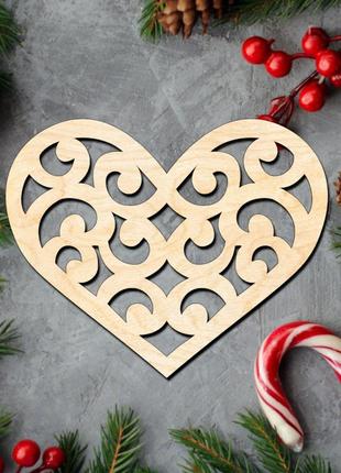 Деревянная новогодняя елочная игрушка "сердце вензеля" украшение на ёлку фигурка из фанеры 9 см