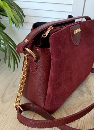Шикарная замшевая бордовая женская сумка кросс-боди5 фото