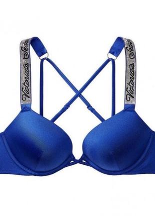 Женский купальник victoria's secret shine shine strap bombshell add-2-cups push-up bikini со стразами синий2 фото