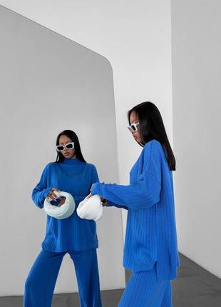 Синій комплект рубчик преміум ⚜️ осінній 2023 комплект штани прямого крою та оверсайз светр з горловиною тренд