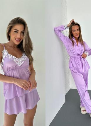 Christel 134 фиолетовый шелковый домашний комплект пижама четверка халат майка шорты штаны