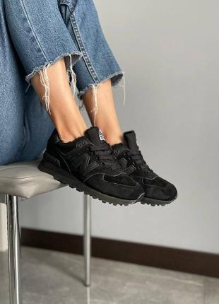 Зимові унісекс кросівки new balance 574 low black (хутро)2 фото