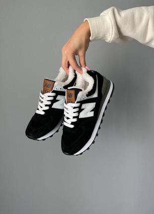 Зимові унісекс кросівки new balance 574 low black/white (хутро)