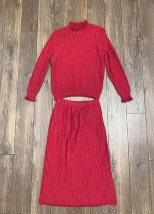 Стильный красный алый зимний теплый шерстяной костюм: гольф-водолазка и юбка s/m шерсть4 фото