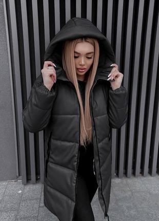 Женская кофта куртка с капюшоном пуховик эко-кожа длинная с карманами стильная теплая черный7 фото