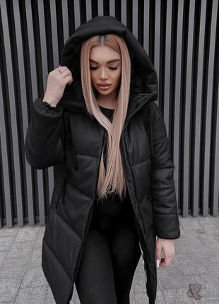 Женская кофта куртка с капюшоном пуховик эко-кожа длинная с карманами стильная теплая черный4 фото