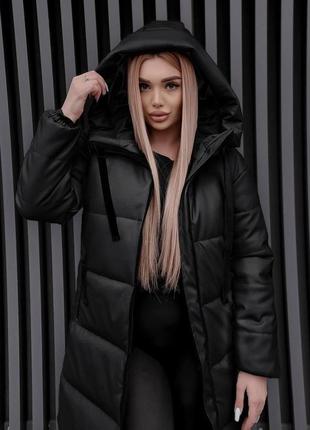 Женская кофта куртка с капюшоном пуховик эко-кожа длинная с карманами стильная теплая черный3 фото
