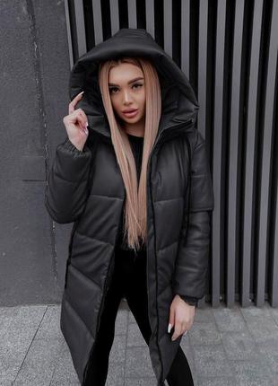 Женская кофта куртка с капюшоном пуховик эко-кожа длинная с карманами стильная теплая черный6 фото