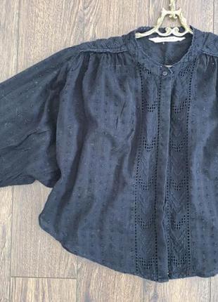 Стильная черная укороченная обрезанная блуза-рубашка топ zara объемный рукав и прошва с4 фото