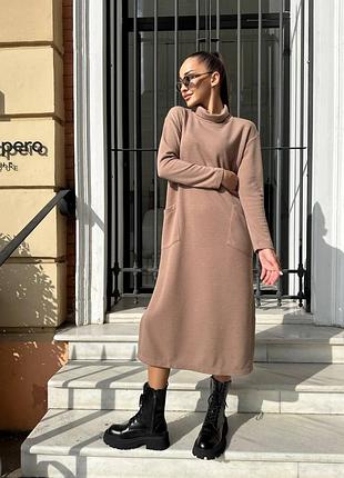 Платье туника миди из ангоры с воротником хомутом коричневое серое хаки бежевое мокко синее графит спортивное вязаное теплое