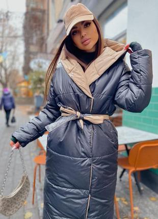 Зимове двостороннє оверсайз пальто куртка2 фото
