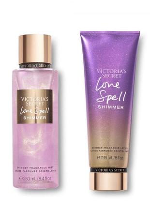 Парфумований набір з шиммером love spell shimmer victoria’s secret, міст спрей та лосьйон