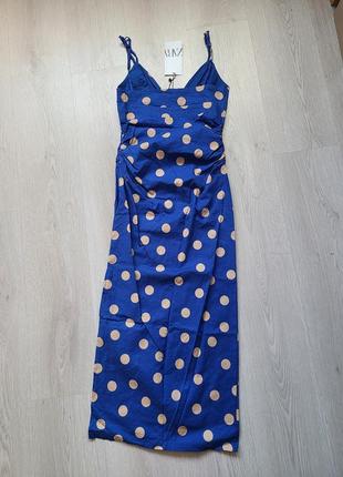 Сукня сарафан міді синя в горох принт з розрізом льон віскоза xs s zara 8741/0456 фото