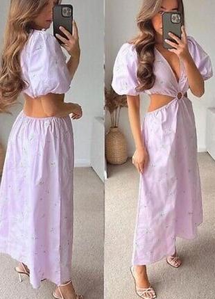Плаття сукня сарафан фіолетовий котон вишивка цвіти принт zara s 2265/3201 фото